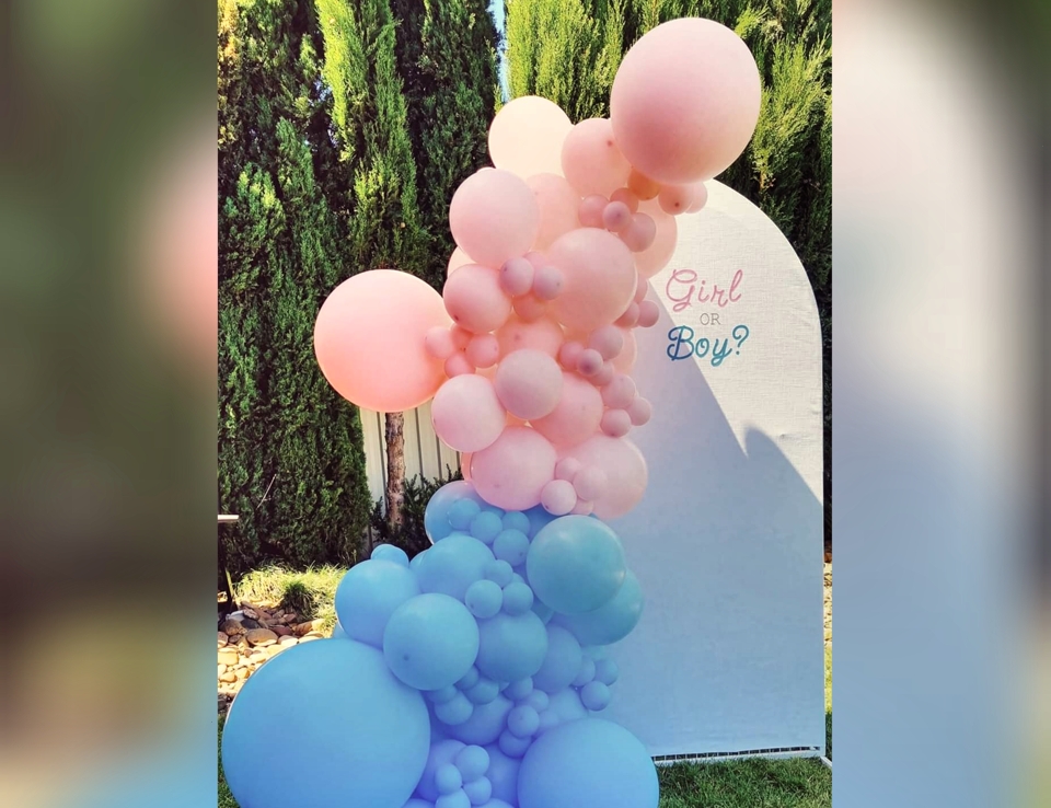 Gender reveal garland with girl or boy background